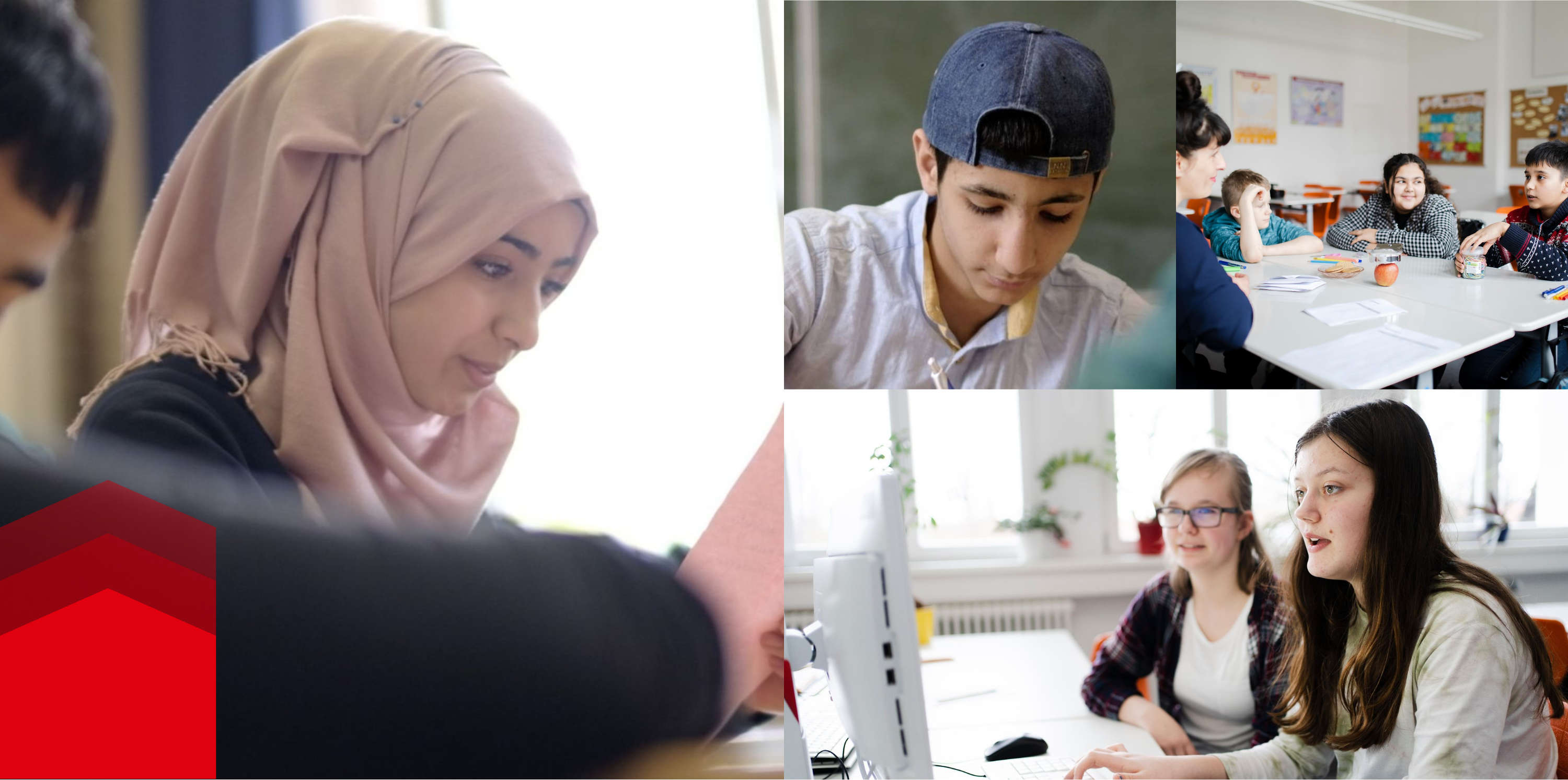 Collage av bilder med barn från olika nationer i skolan 