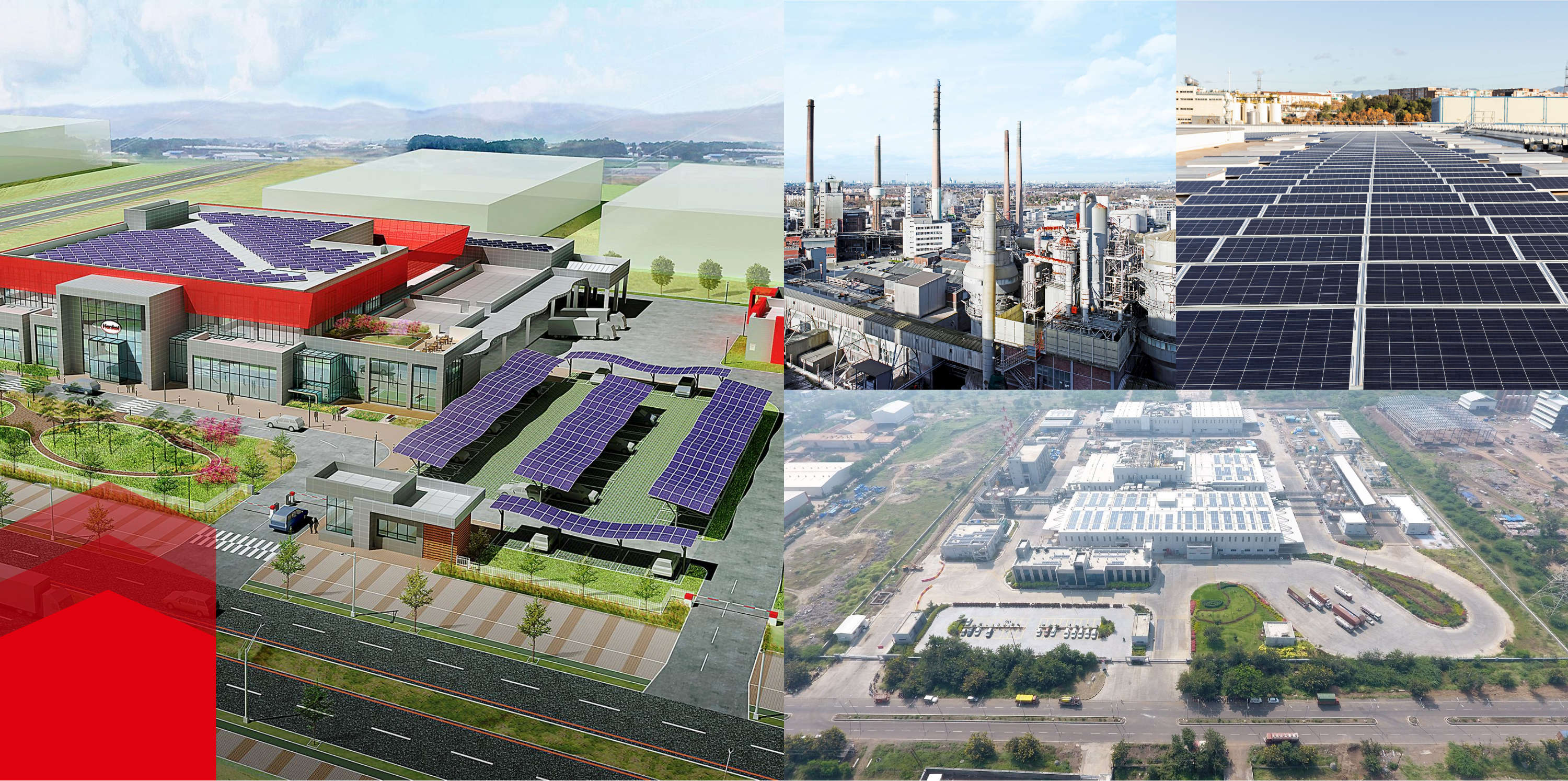 Collage av bilder på byggnader med solpaneler och stora fabriker 