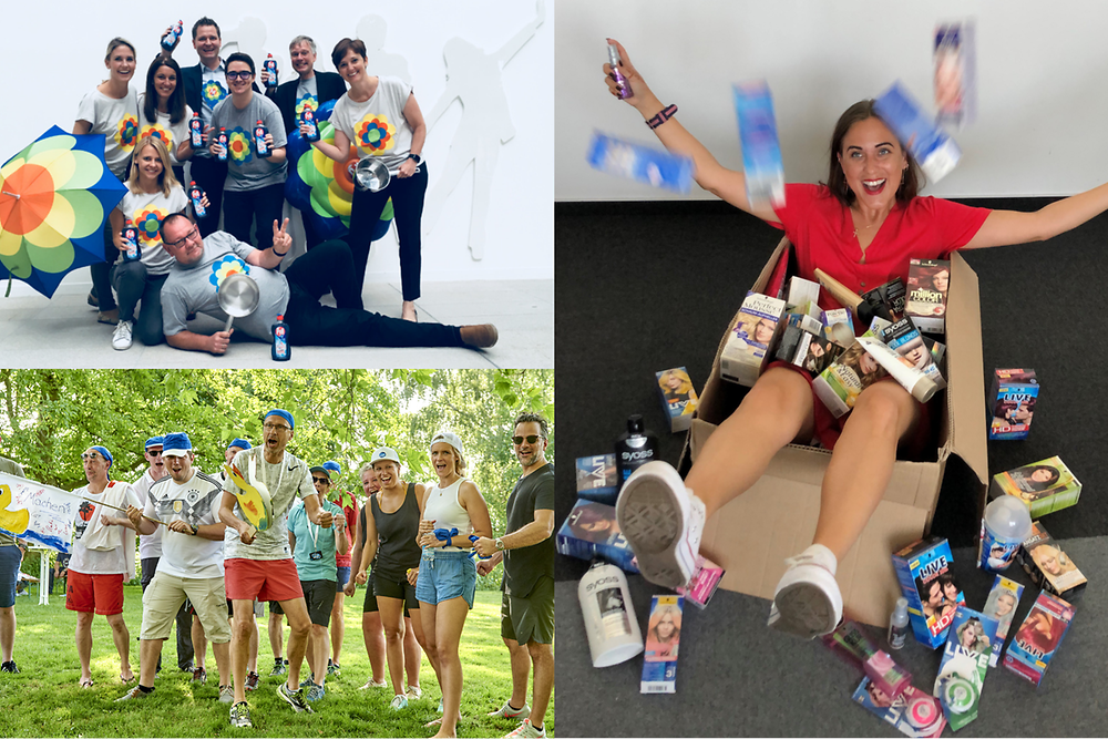 Collage av Henkel-anställda som har roligt på olika aktiviteter 