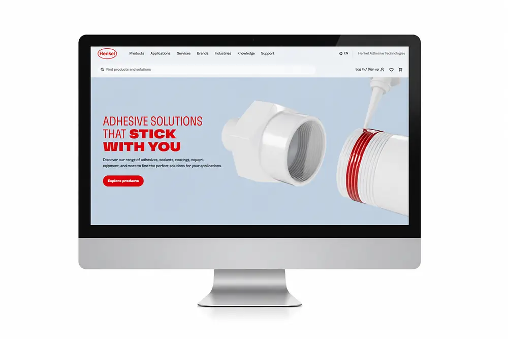 Bildskärm med Henkel Adhesive Technologies webbplats.