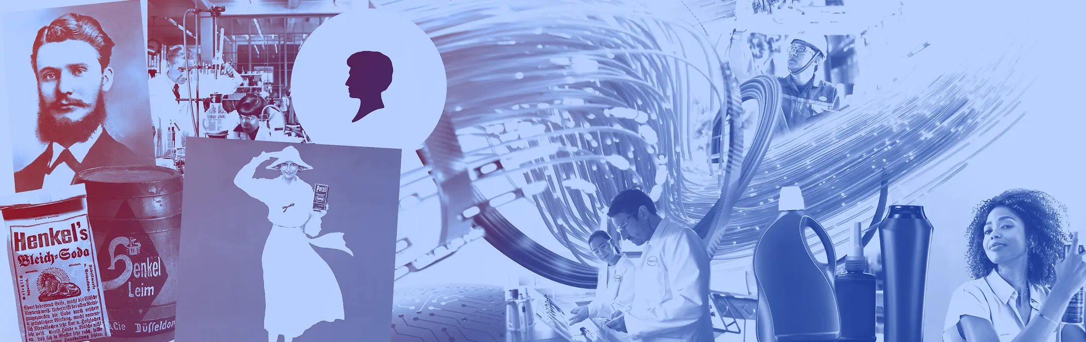 Collage av vintageprodukter från Henkel, tvättmedelsflaskor, laboratoriearbetare och historiska annonser i blå toner.
