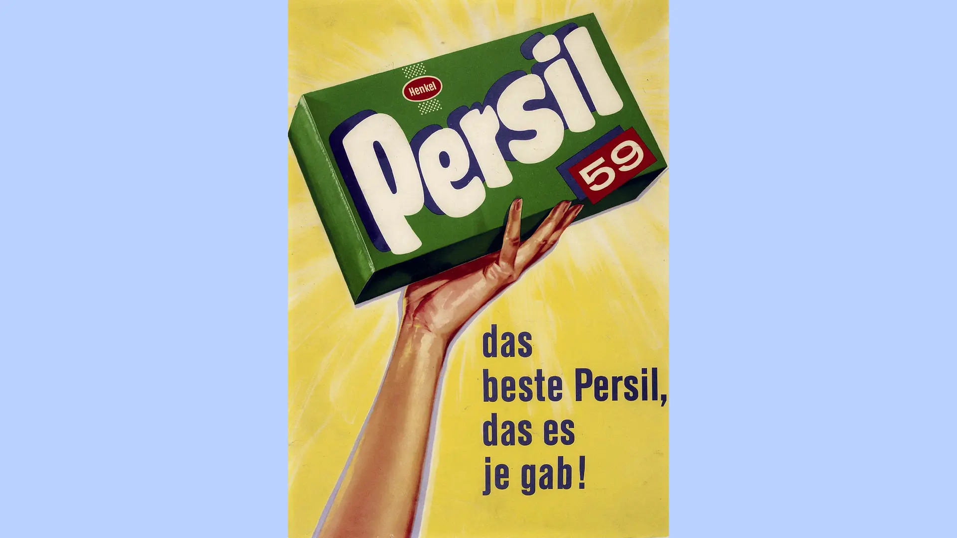 En grön reklamaffisch som visar en förpackning med tvättmedlet Persil 59.