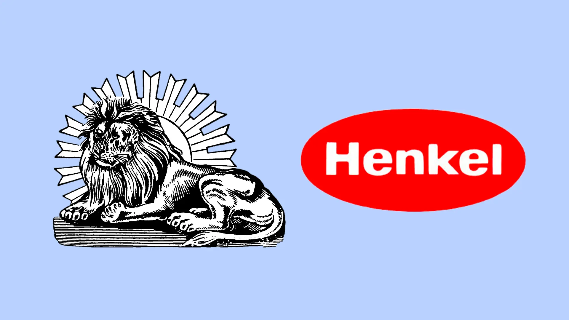 En collage visar de två välkända logotyperna: det historiska Henkel-lejonet avbildas bredvid Henkel-ovalen (till höger).