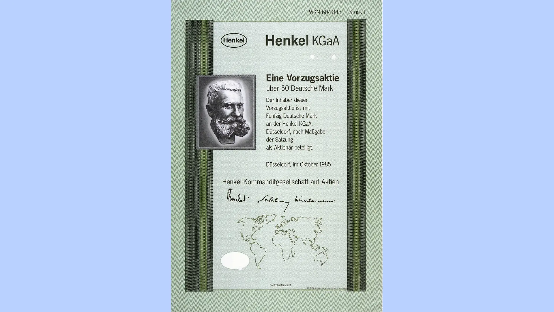 En preferensaktie i Henkel till ett belopp av 50 DM från 1985.