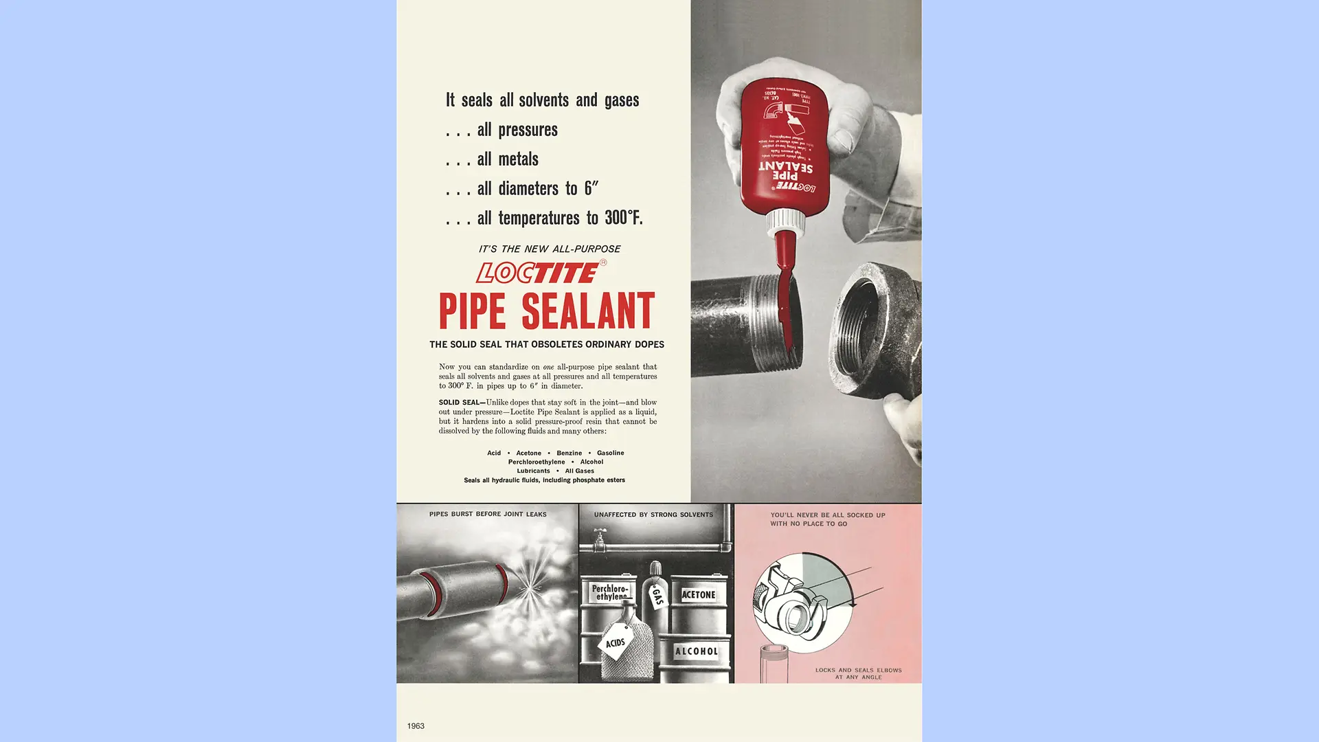 En engelsk reklamaffisch för Loctite Pipe Sealant visar hur produkten används.