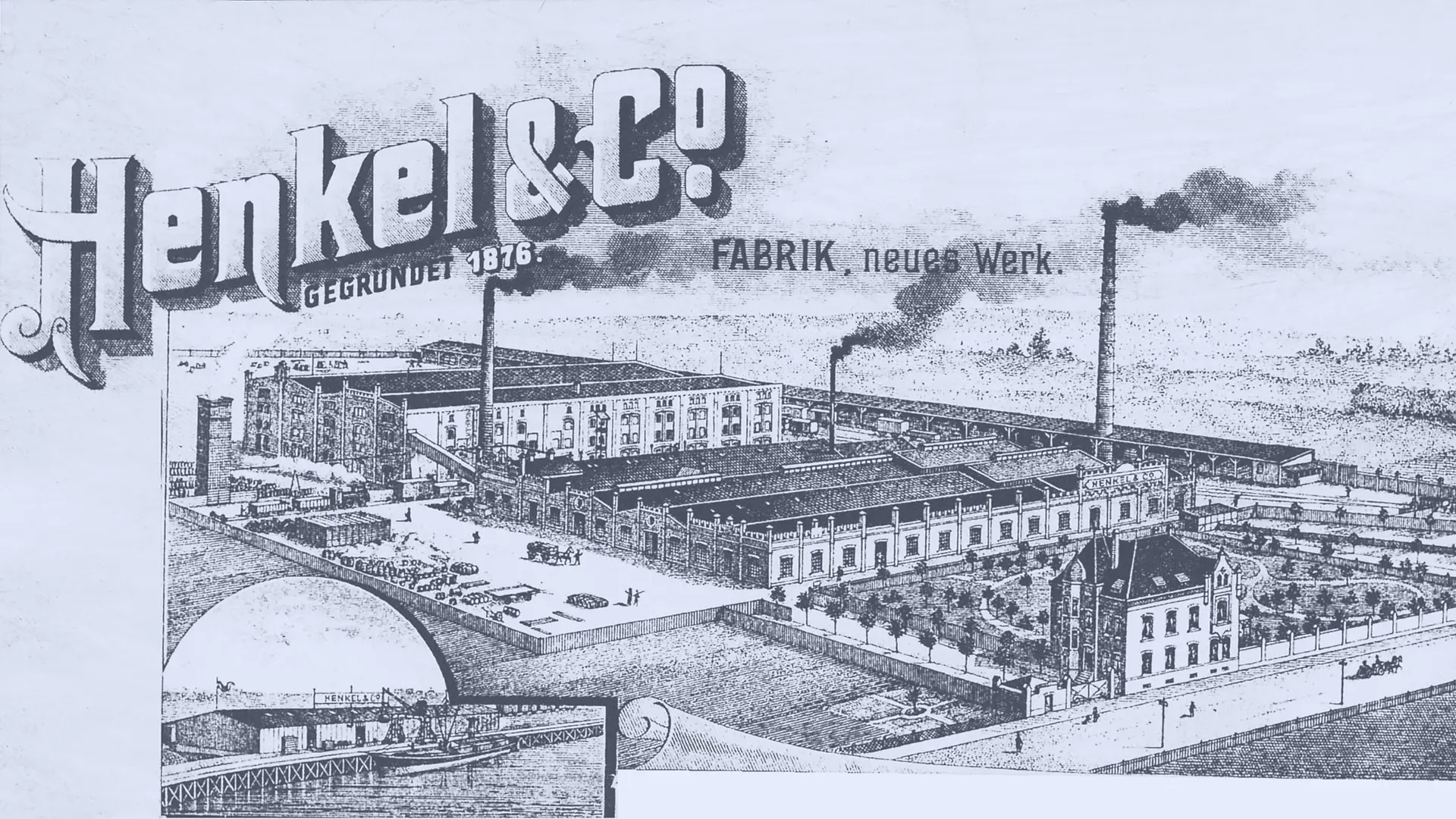 Henkel brevhuvud med en bild av fabriken i Holthausen och en del av Reisholz hamn i nedre vänstra hörnet.