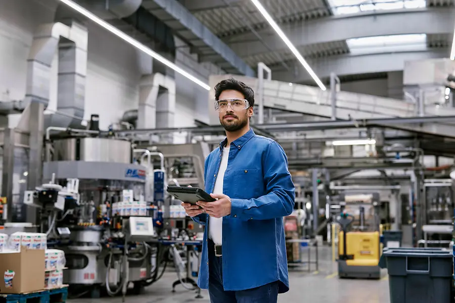 Man som står i en modern produktionsanläggning, håller i en surfplatta och bär skyddsglasögon, representerar innovation och digitalisering inom tillverkning på Henkel.