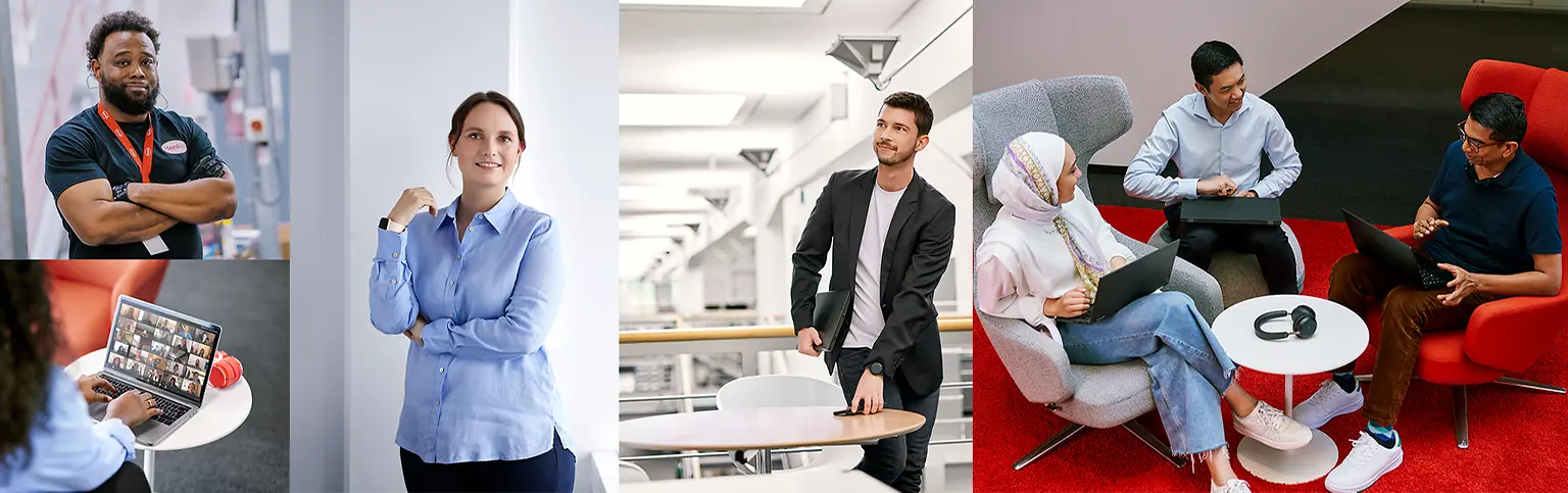 Ett collage av människor av olika bakgrund, både män och kvinnor, avbildade i olika sammanhang, bland annat som porträtt, vid skrivbord och i samarbete i team.