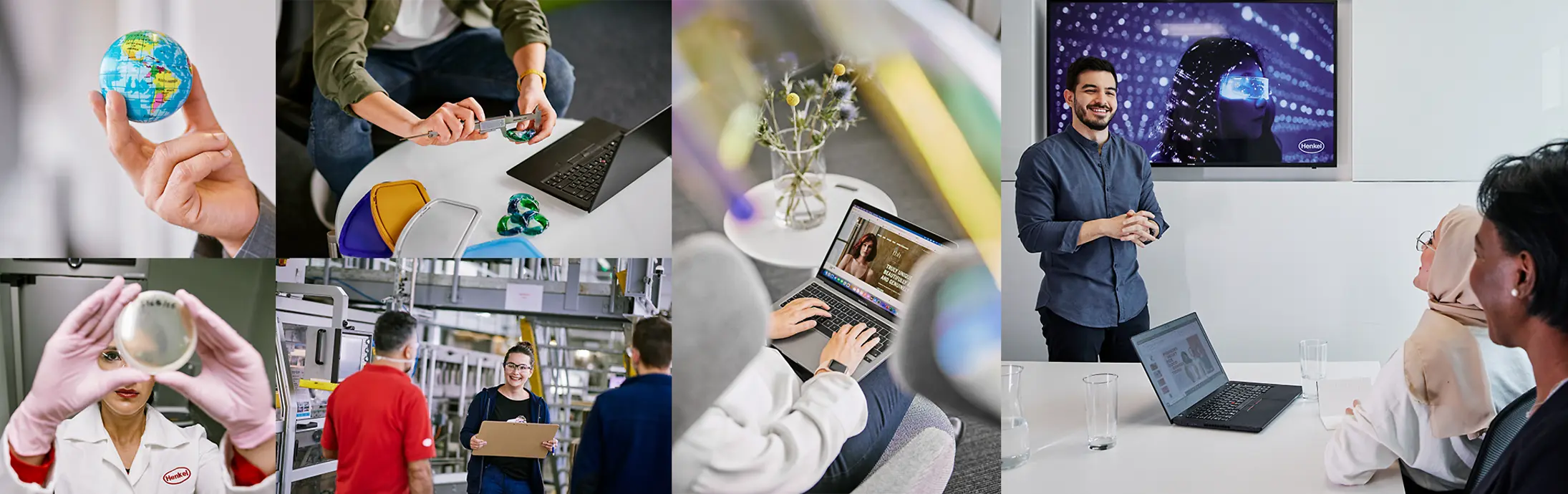 Ett collage bestående av sex bilder som visar en jordglob, en person som arbetar i ett laboratorium, människor som arbetar vid bord samt en scen från ett möte och en presentation.